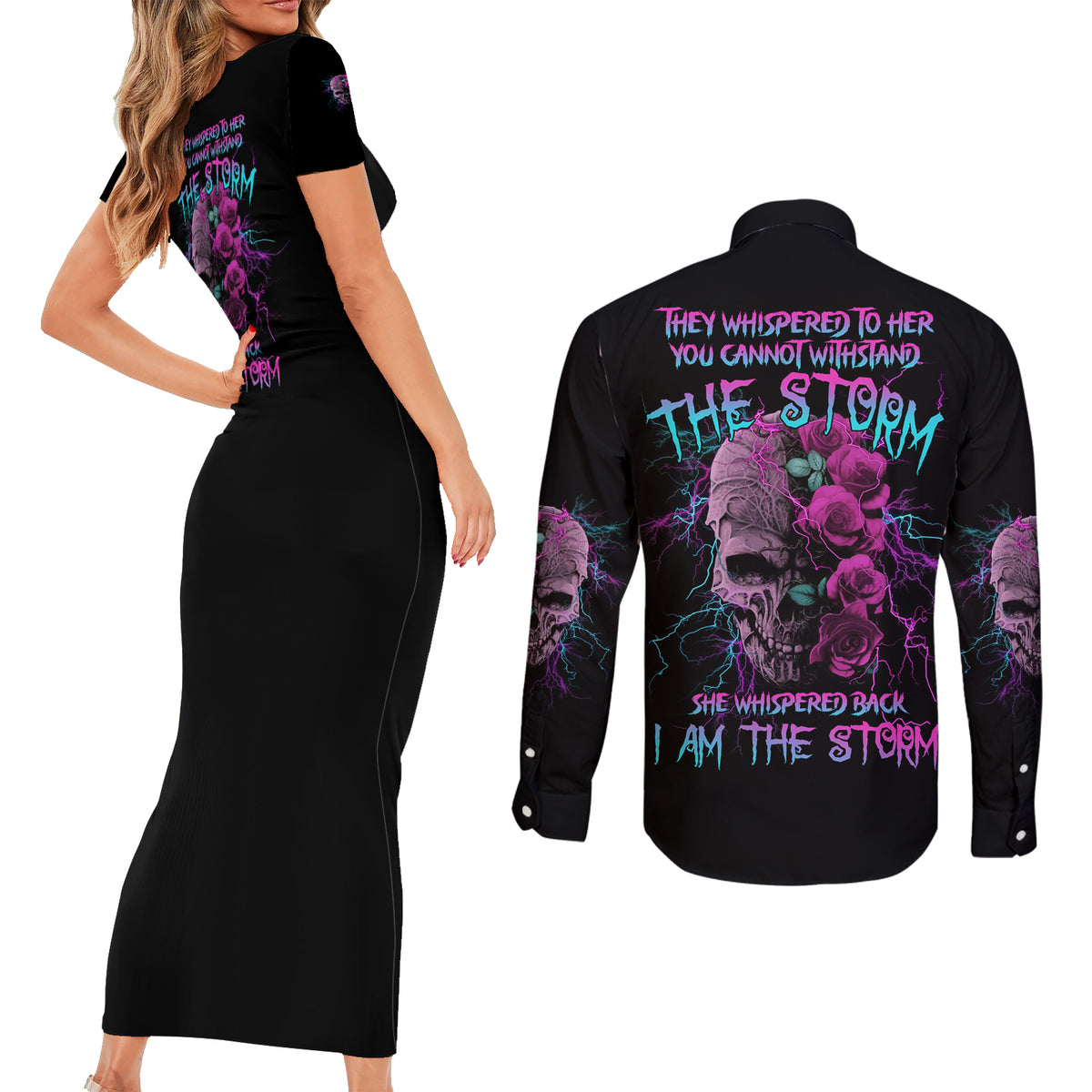 I Am The Storm Skull Rose Couples Matching Short Sleeve Bodycon Dress and Long Sleeve Button Shirt - Wonder Print Shop