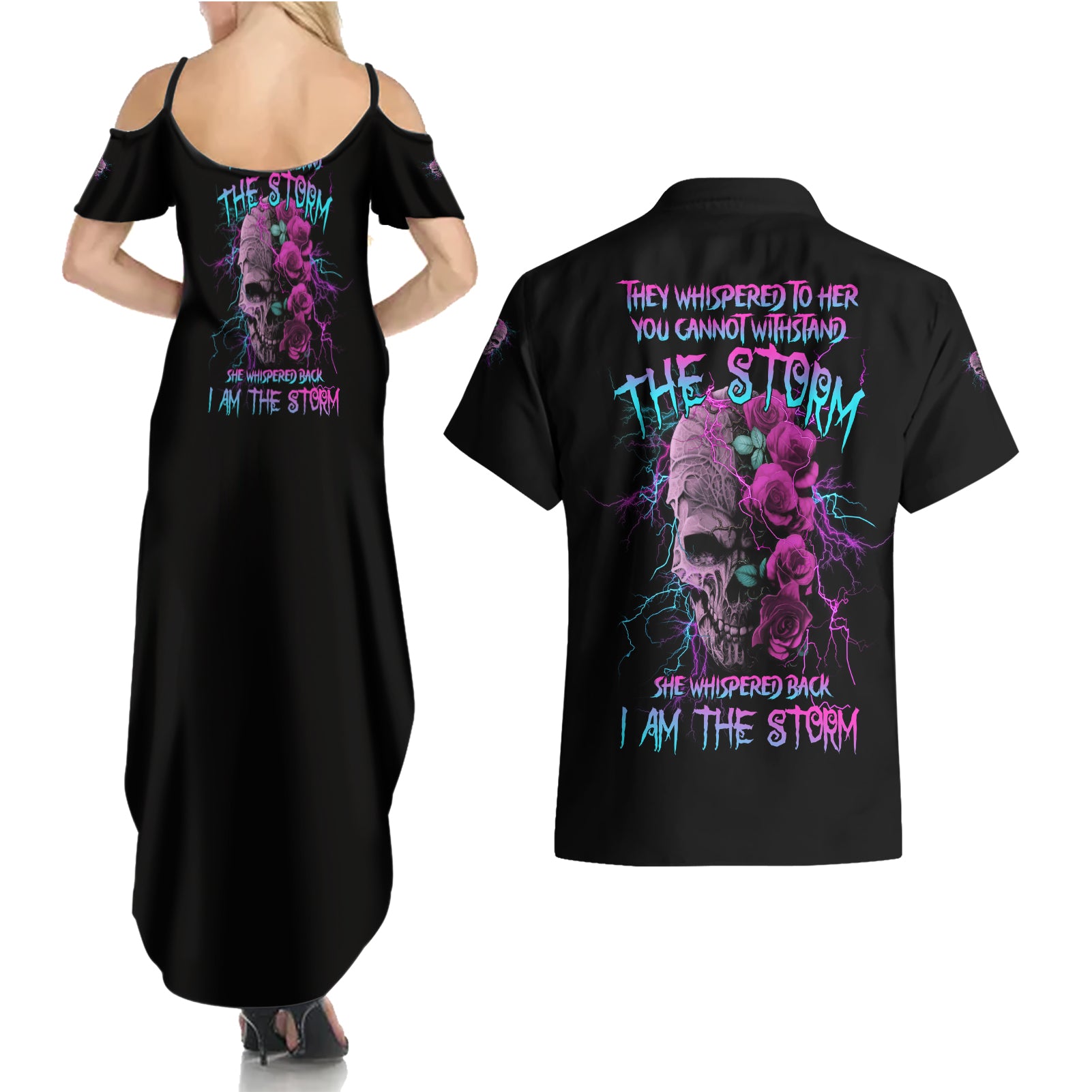 I Am The Storm Skull Rose Couples Matching Summer Maxi Dress and Hawaiian Shirt - Wonder Print Shop