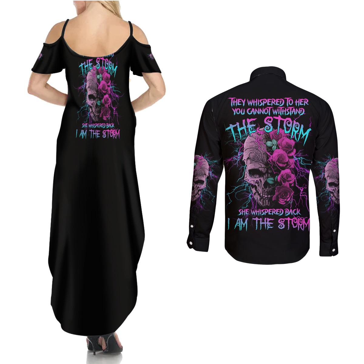 I Am The Storm Skull Rose Couples Matching Summer Maxi Dress and Long Sleeve Button Shirt - Wonder Print Shop