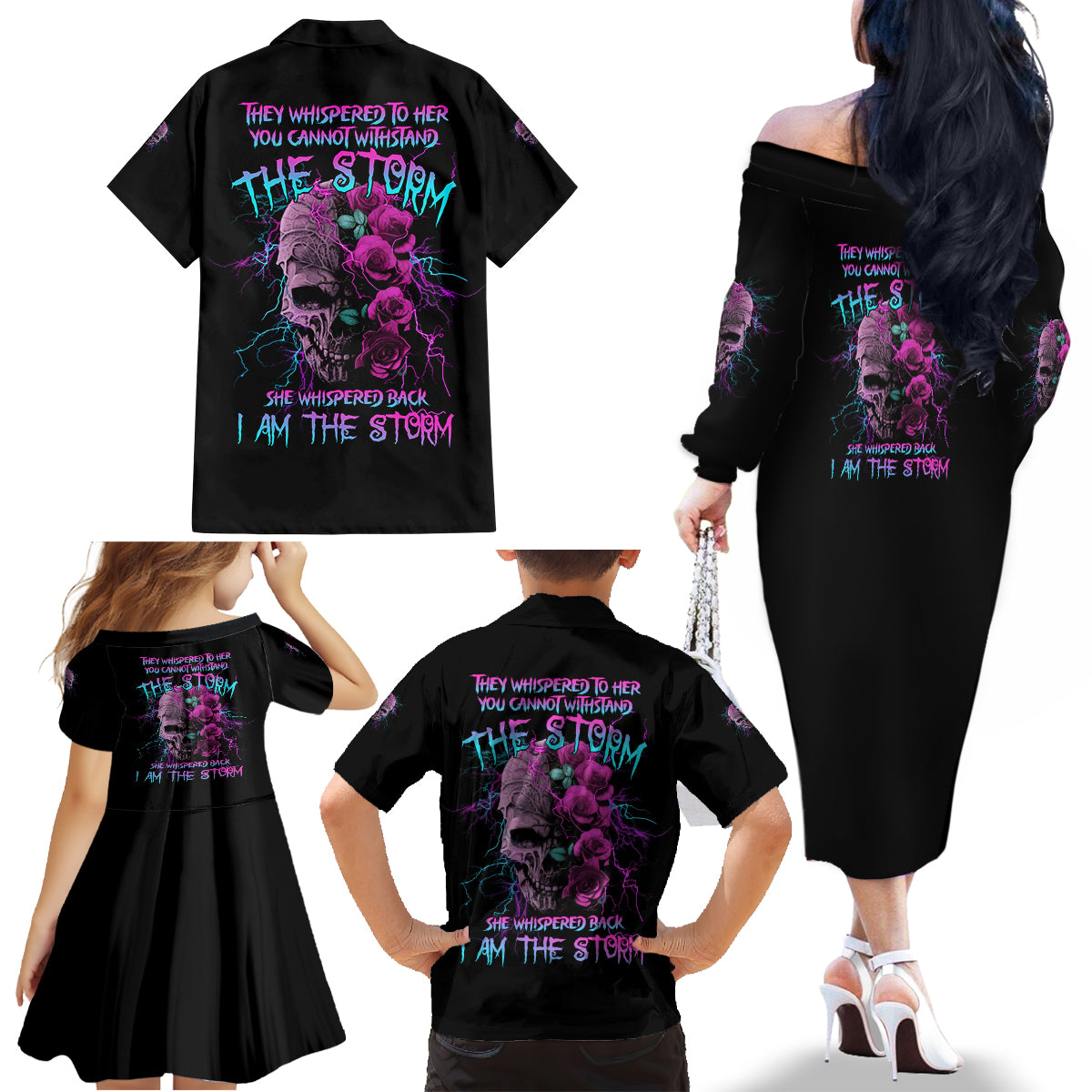 I Am The Storm Skull Rose Family Matching Off Shoulder Long Sleeve Dress and Hawaiian Shirt - Wonder Print Shop