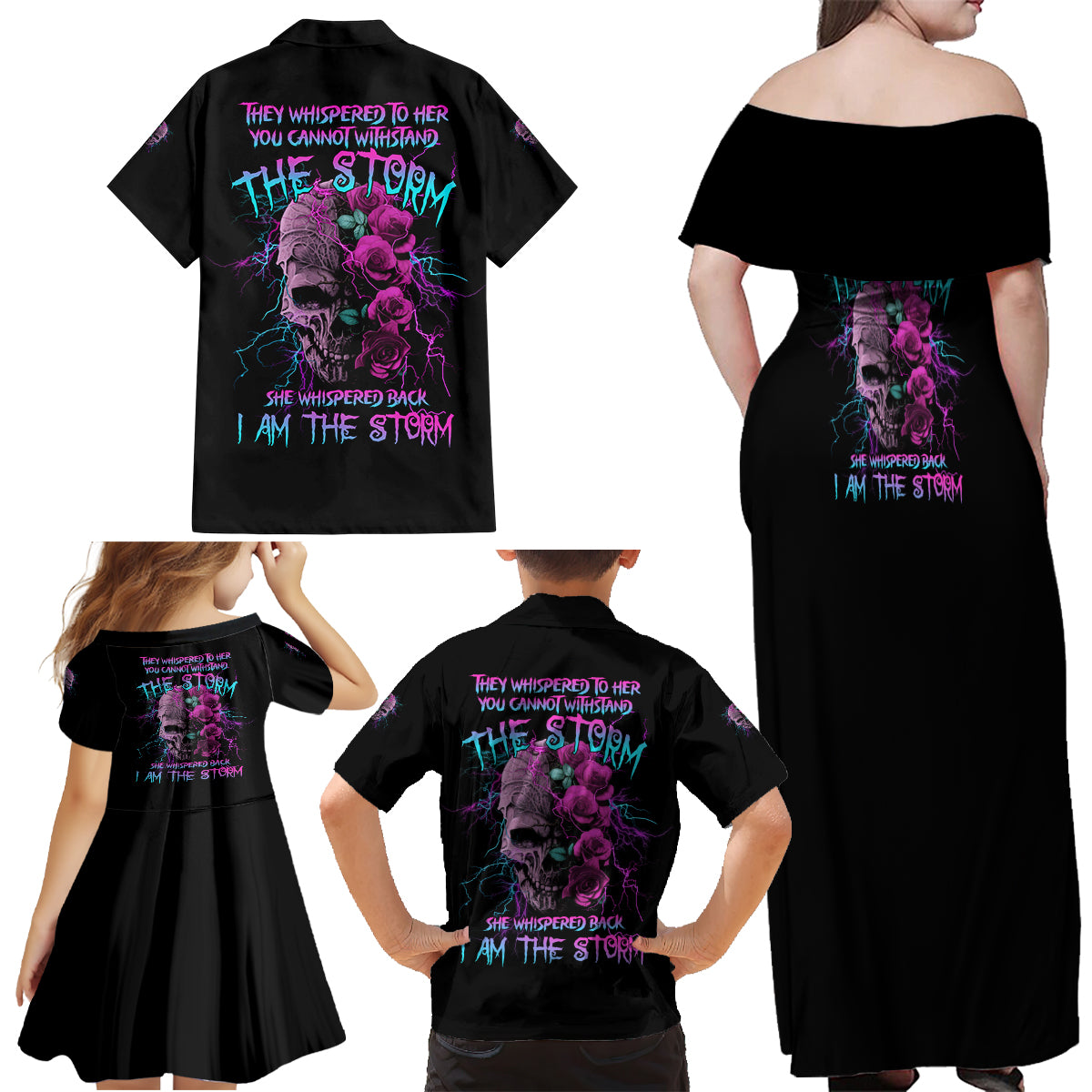 I Am The Storm Skull Rose Family Matching Off Shoulder Maxi Dress and Hawaiian Shirt - Wonder Print Shop