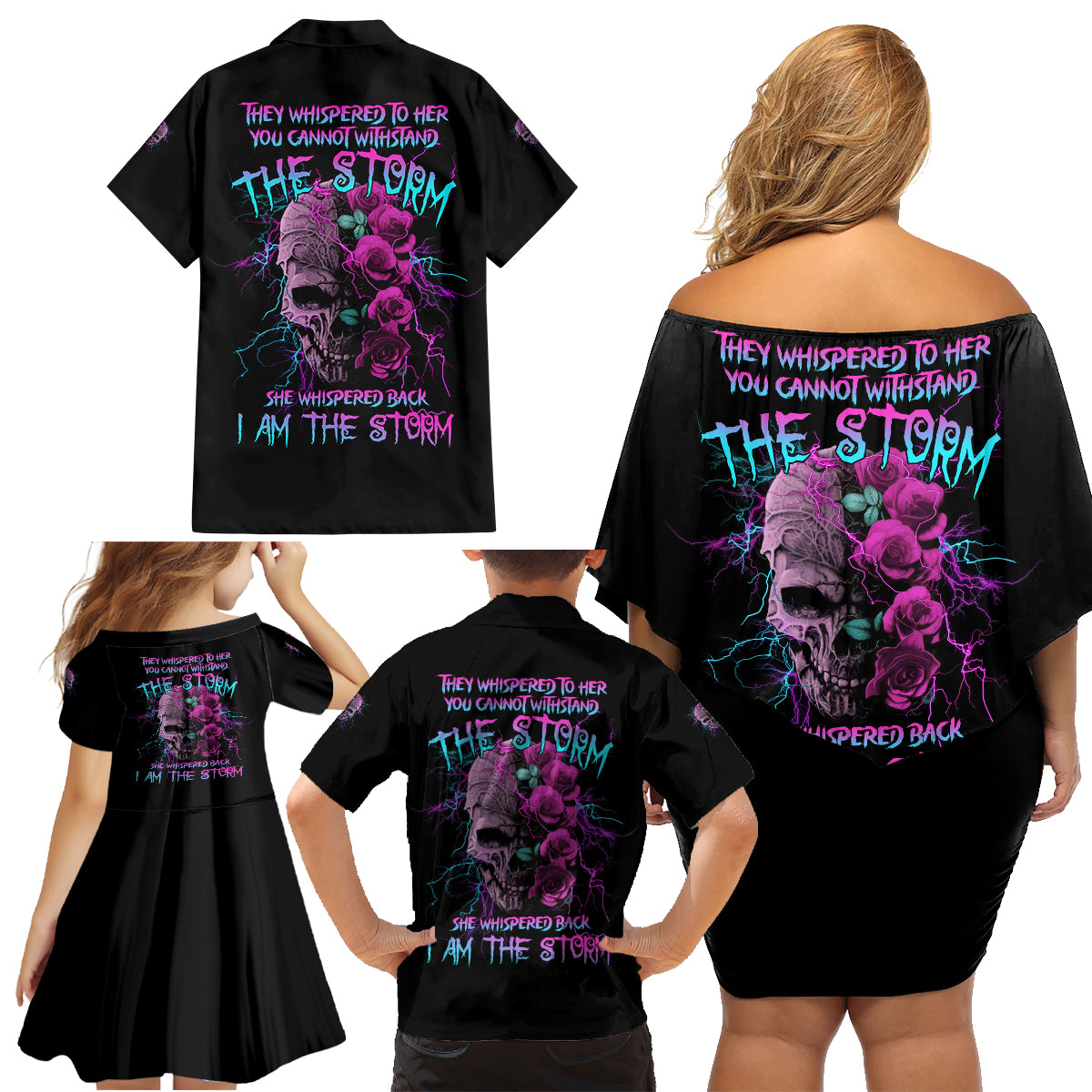 I Am The Storm Skull Rose Family Matching Off Shoulder Short Dress and Hawaiian Shirt - Wonder Print Shop