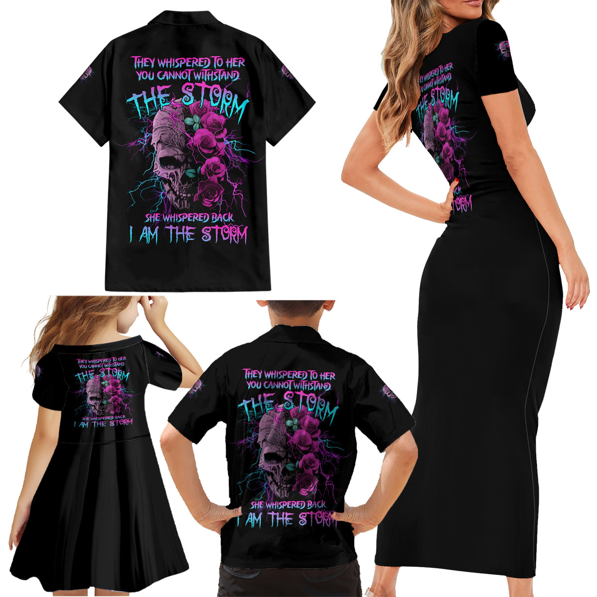 I Am The Storm Skull Rose Family Matching Short Sleeve Bodycon Dress and Hawaiian Shirt - Wonder Print Shop