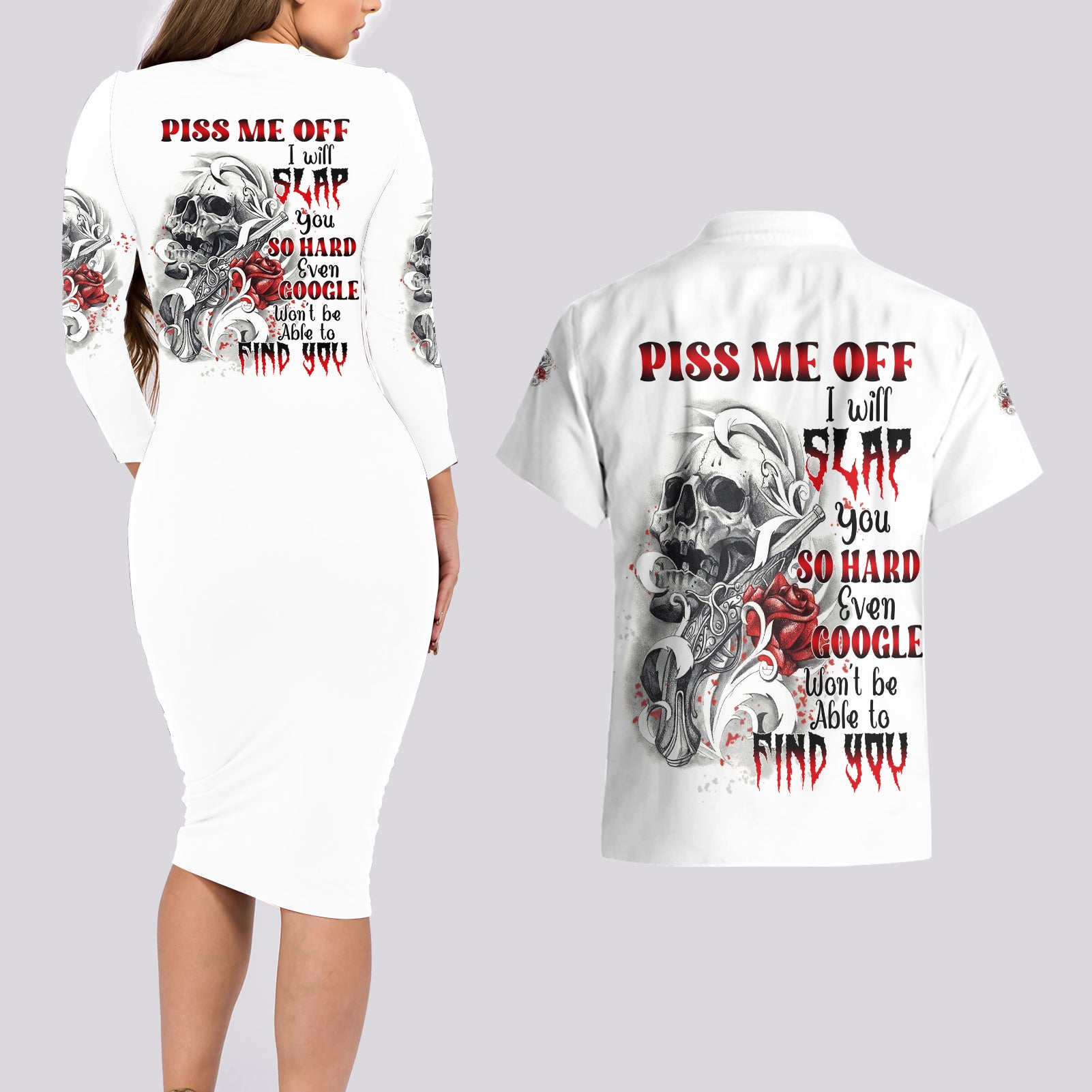 P Me Off Tattooed Skull Rose Couples Matching Long Sleeve Bodycon Dress and Hawaiian Shirt - Wonder Print Shop