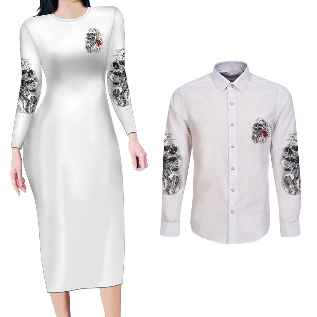 P Me Off Tattooed Skull Rose Couples Matching Long Sleeve Bodycon Dress and Long Sleeve Button Shirt - Wonder Print Shop