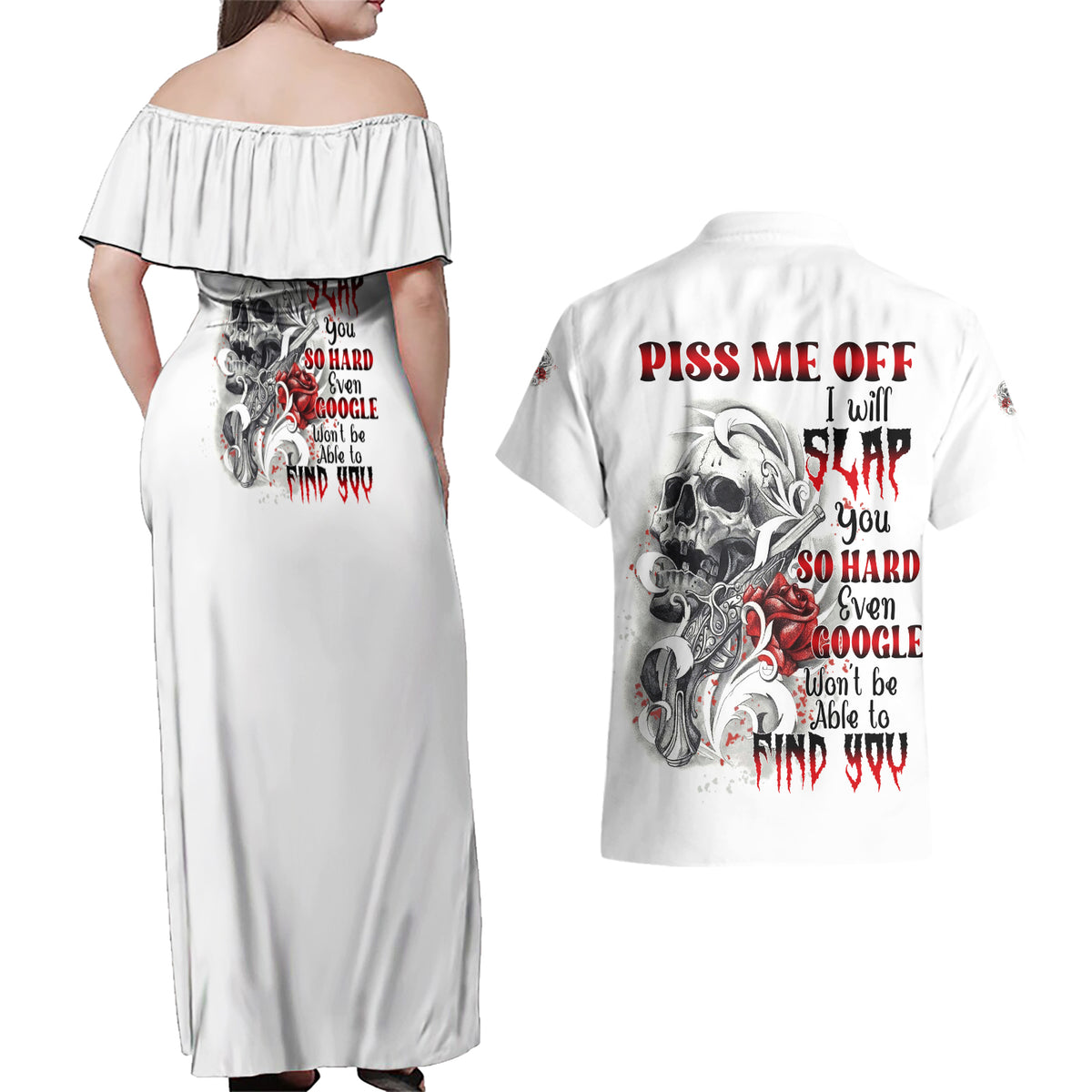 P Me Off Tattooed Skull Rose Couples Matching Off Shoulder Maxi Dress and Hawaiian Shirt - Wonder Print Shop