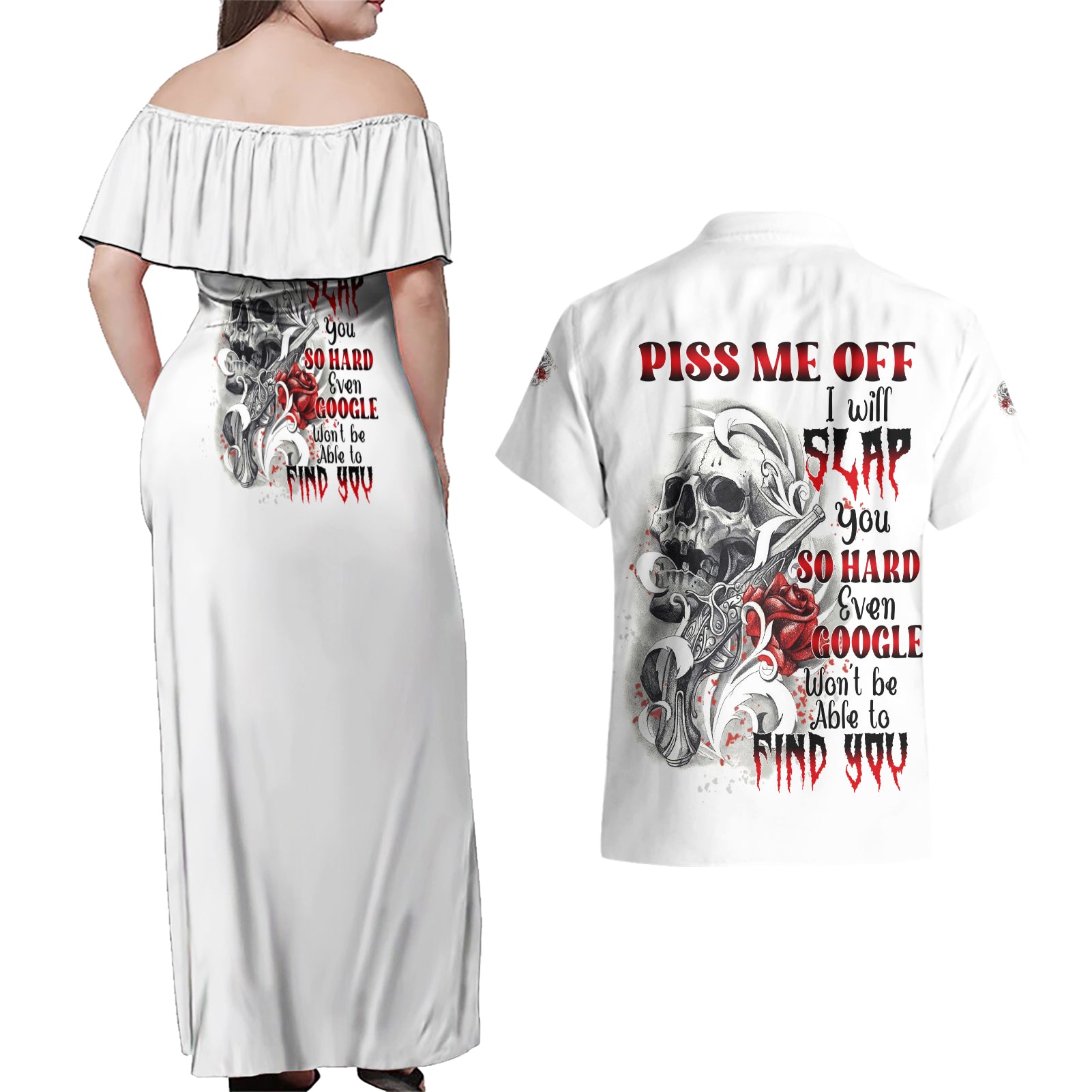 P Me Off Tattooed Skull Rose Couples Matching Off Shoulder Maxi Dress and Hawaiian Shirt - Wonder Print Shop