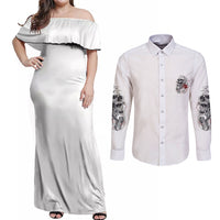 P Me Off Tattooed Skull Rose Couples Matching Off Shoulder Maxi Dress and Long Sleeve Button Shirt - Wonder Print Shop