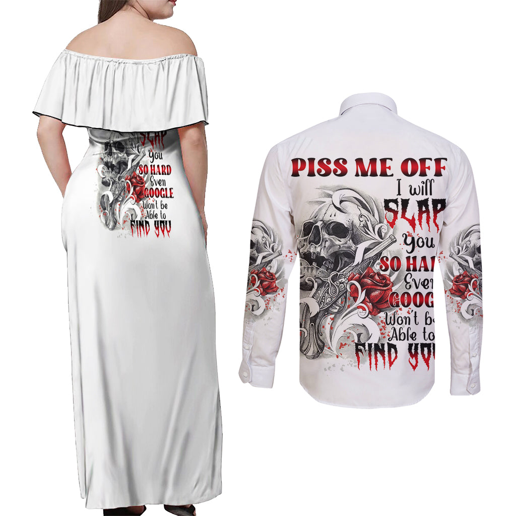 P Me Off Tattooed Skull Rose Couples Matching Off Shoulder Maxi Dress and Long Sleeve Button Shirt - Wonder Print Shop