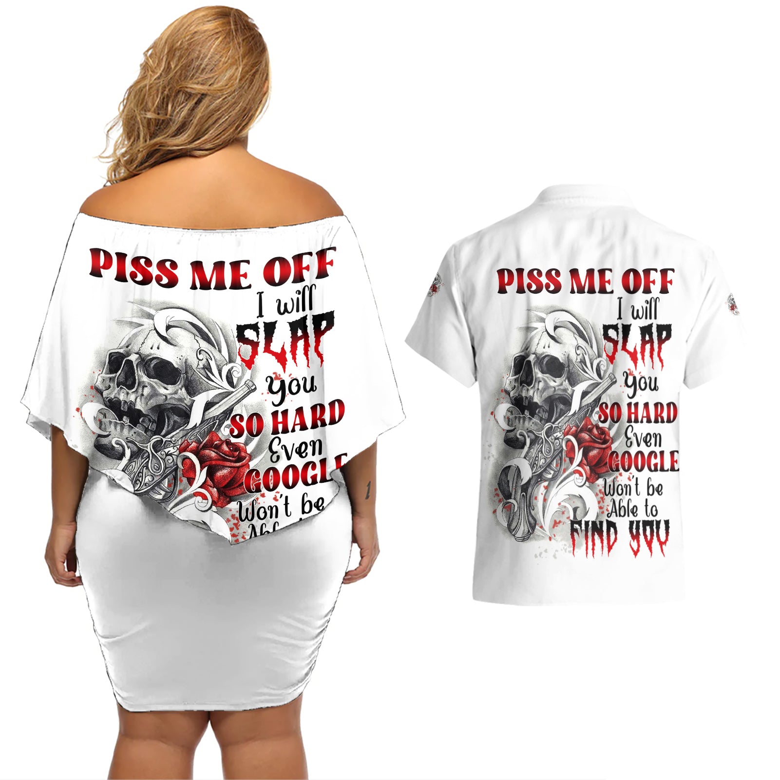 P Me Off Tattooed Skull Rose Couples Matching Off Shoulder Short Dress and Hawaiian Shirt - Wonder Print Shop