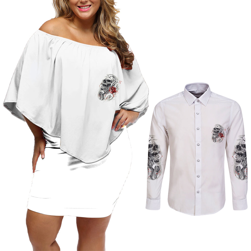 P Me Off Tattooed Skull Rose Couples Matching Off Shoulder Short Dress and Long Sleeve Button Shirt - Wonder Print Shop