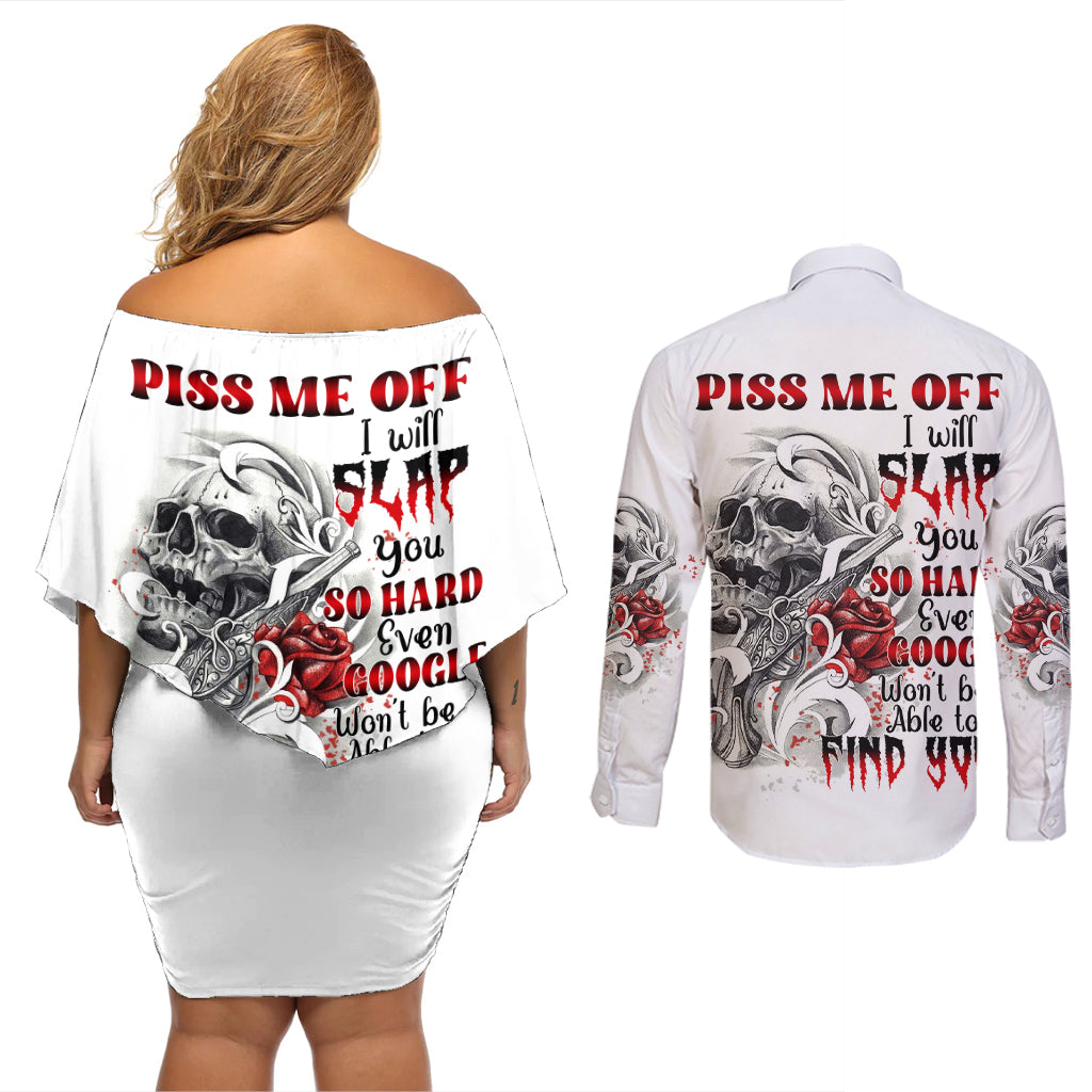 P Me Off Tattooed Skull Rose Couples Matching Off Shoulder Short Dress and Long Sleeve Button Shirt - Wonder Print Shop