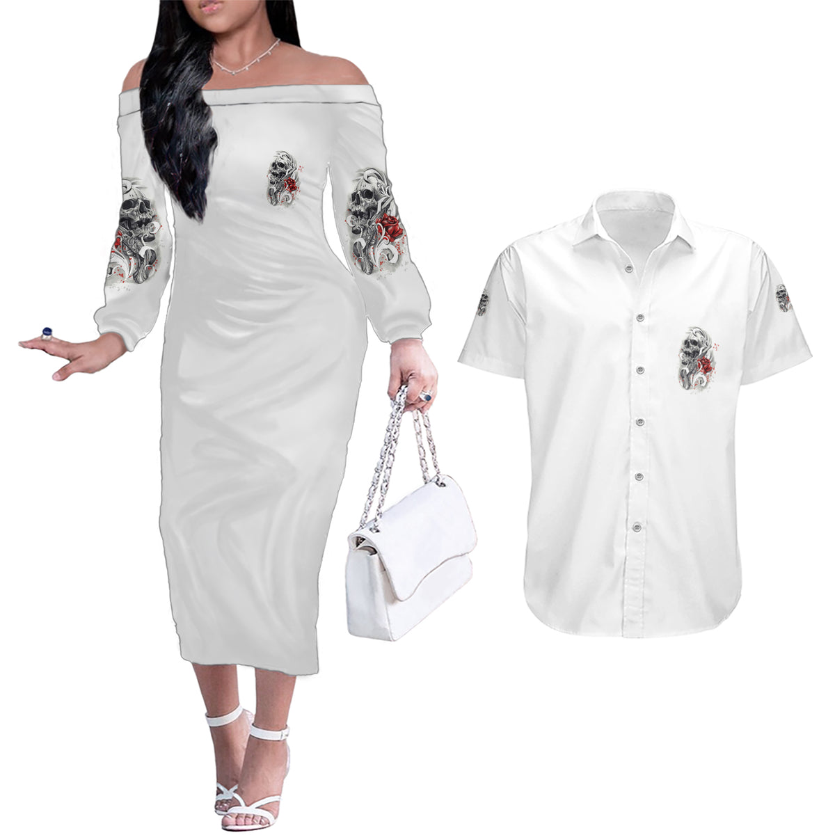 P Me Off Tattooed Skull Rose Couples Matching Off The Shoulder Long Sleeve Dress and Hawaiian Shirt - Wonder Print Shop
