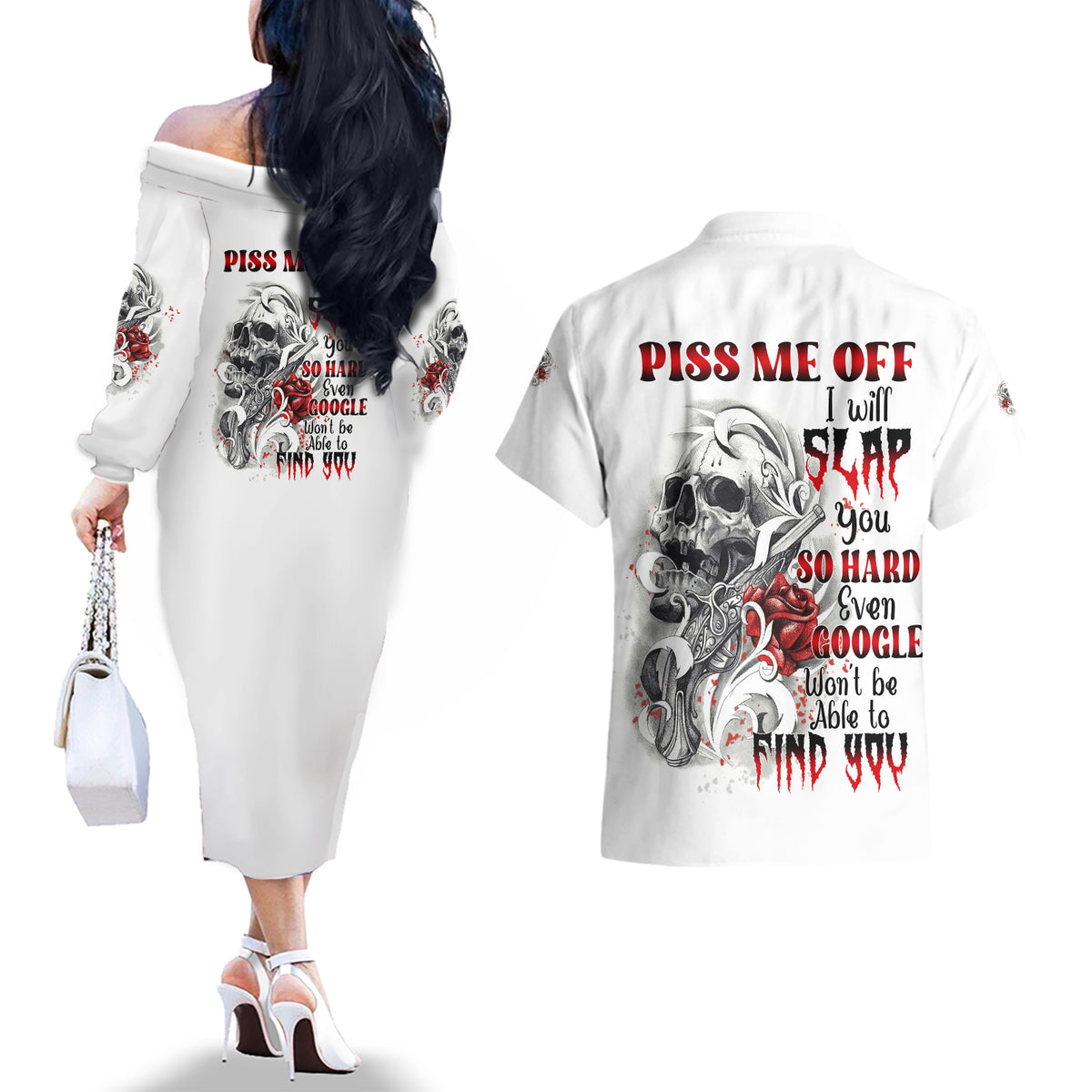 P Me Off Tattooed Skull Rose Couples Matching Off The Shoulder Long Sleeve Dress and Hawaiian Shirt - Wonder Print Shop