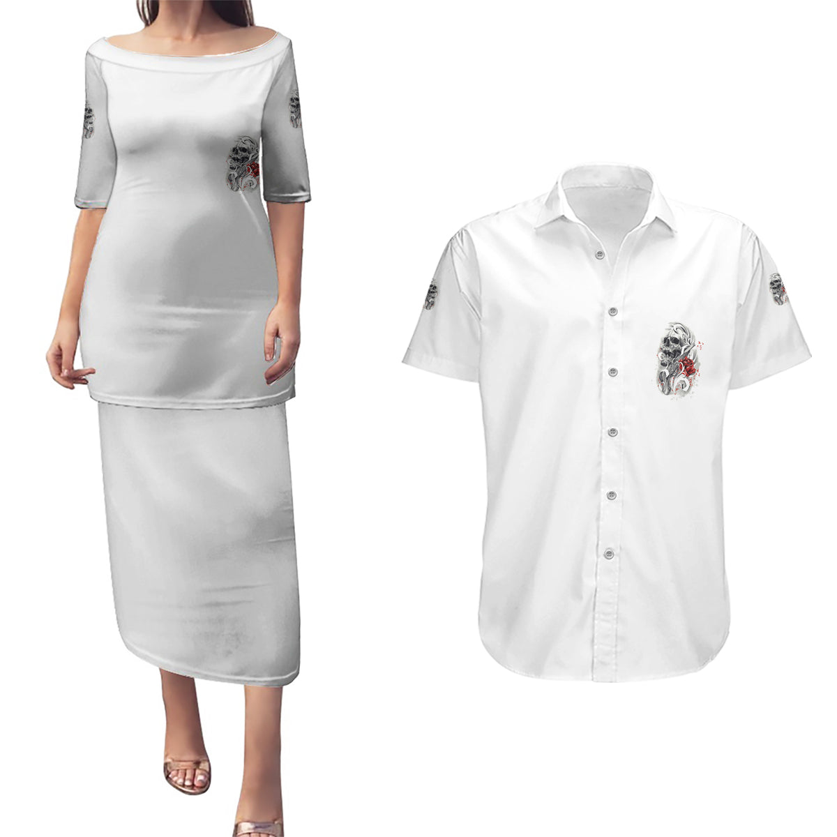 P Me Off Tattooed Skull Rose Couples Matching Puletasi Dress and Hawaiian Shirt - Wonder Print Shop