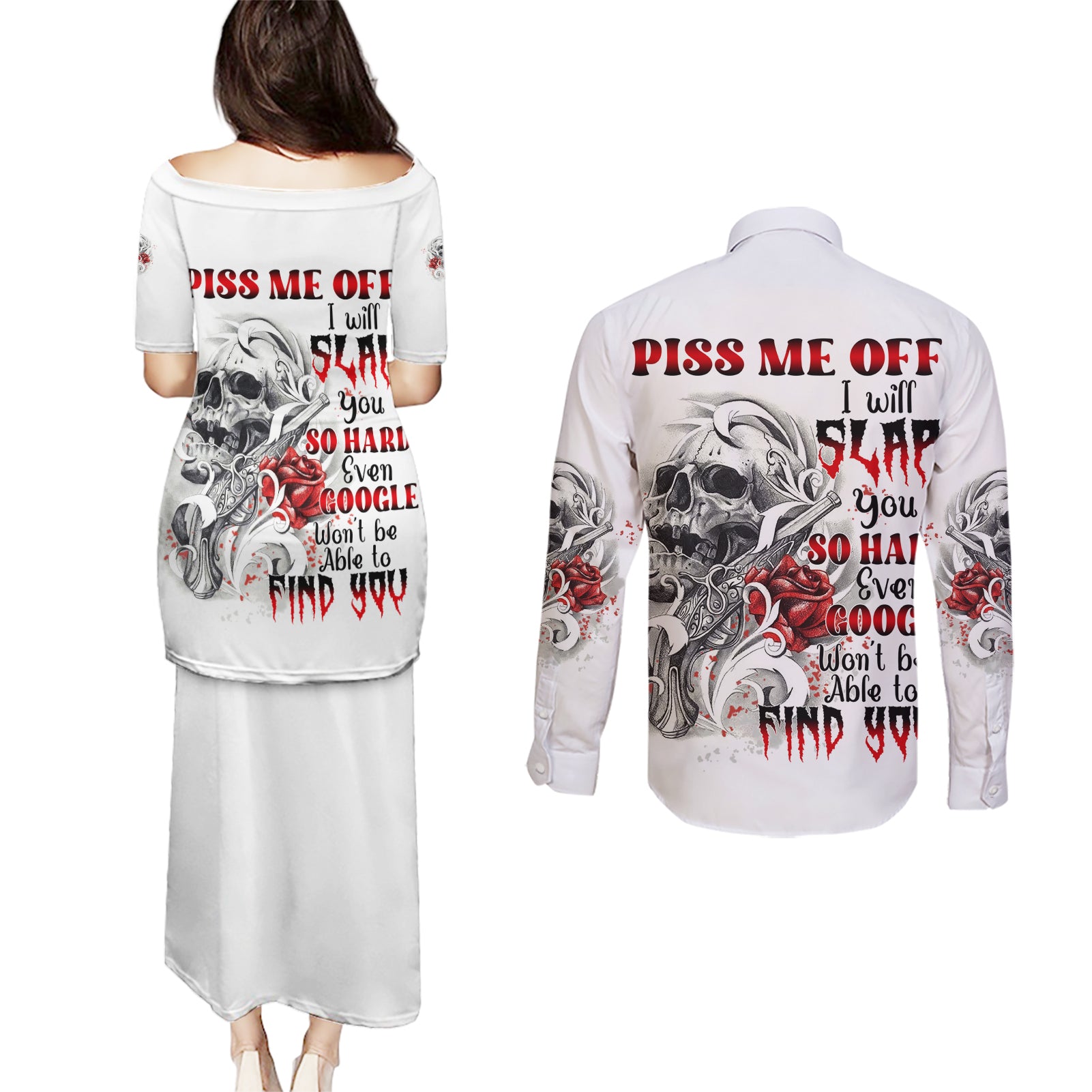 P Me Off Tattooed Skull Rose Couples Matching Puletasi Dress and Long Sleeve Button Shirt - Wonder Print Shop