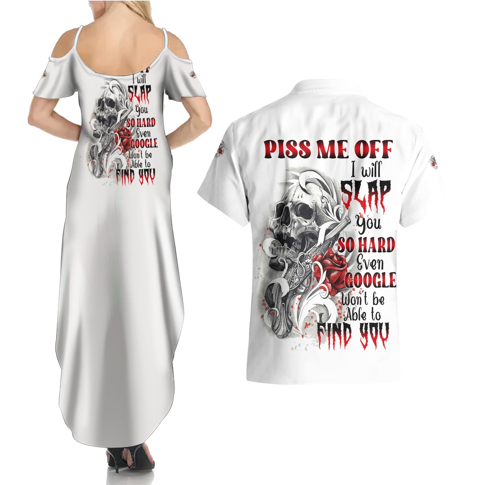 P Me Off Tattooed Skull Rose Couples Matching Summer Maxi Dress and Hawaiian Shirt - Wonder Print Shop