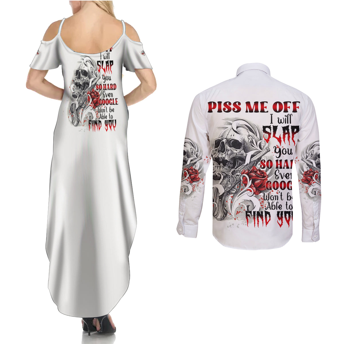 P Me Off Tattooed Skull Rose Couples Matching Summer Maxi Dress and Long Sleeve Button Shirt - Wonder Print Shop