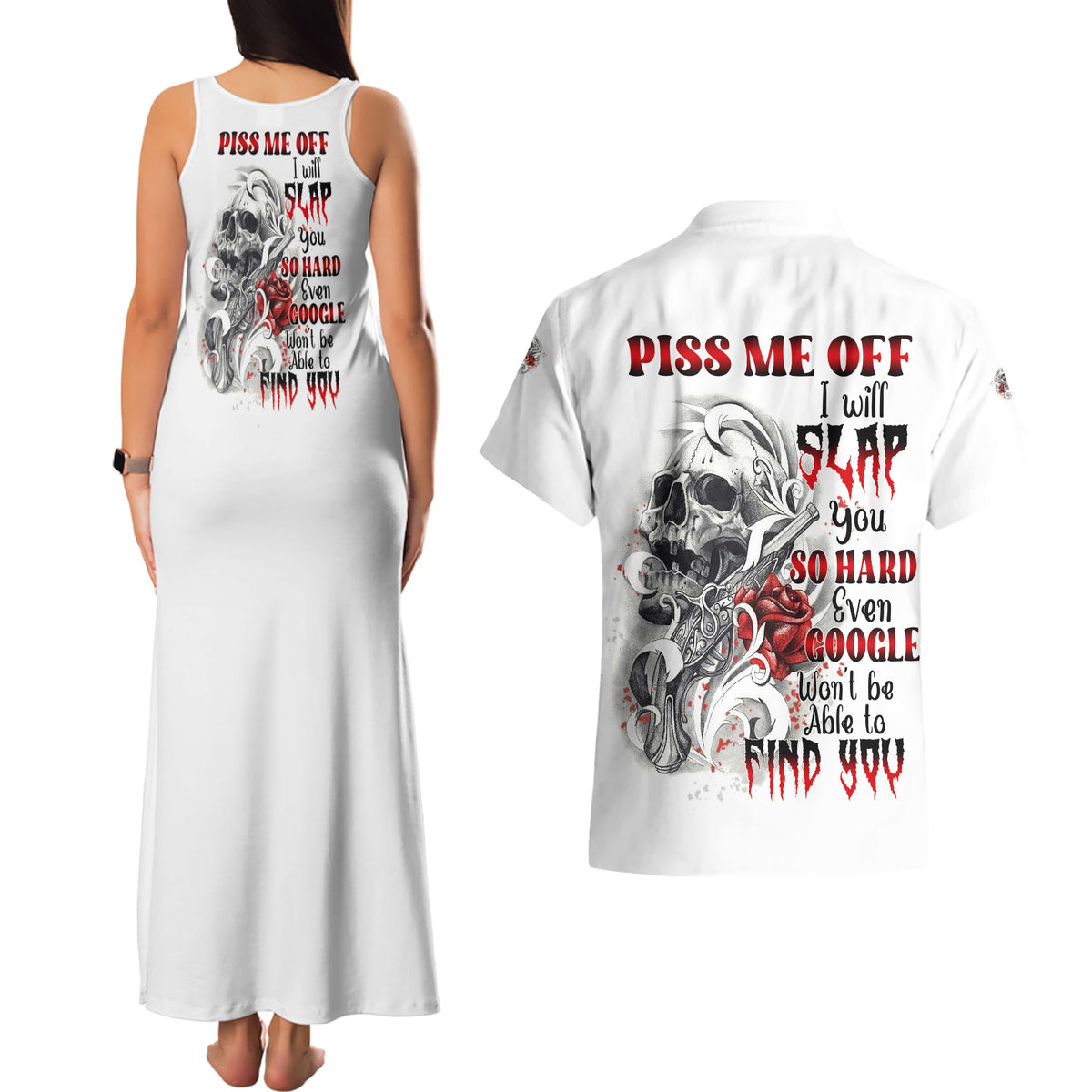 P Me Off Tattooed Skull Rose Couples Matching Tank Maxi Dress and Hawaiian Shirt - Wonder Print Shop