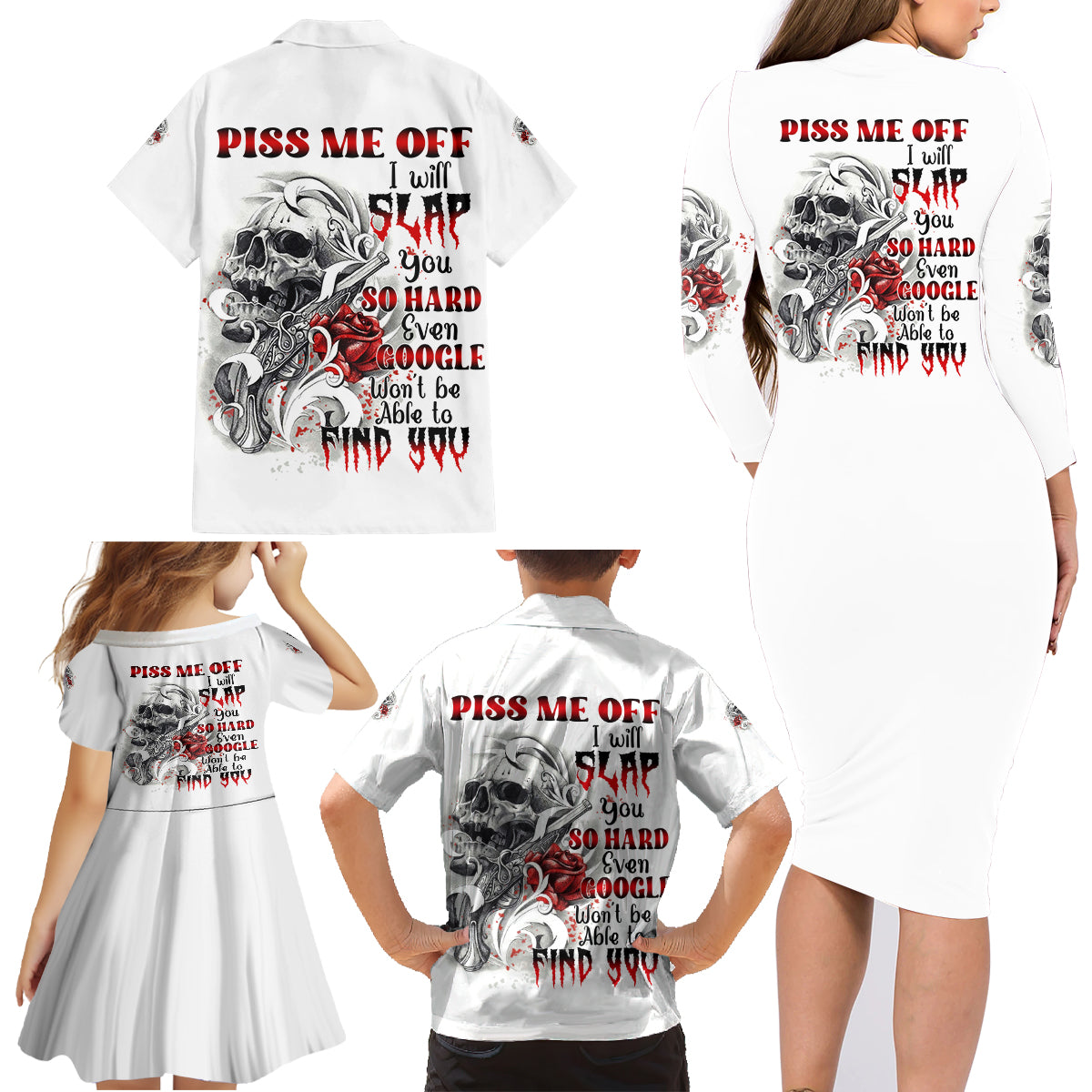 P Me Off Tattooed Skull Rose Family Matching Long Sleeve Bodycon Dress and Hawaiian Shirt - Wonder Print Shop
