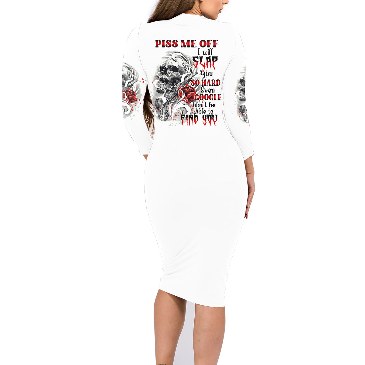 P Me Off Tattooed Skull Rose Family Matching Long Sleeve Bodycon Dress and Hawaiian Shirt - Wonder Print Shop