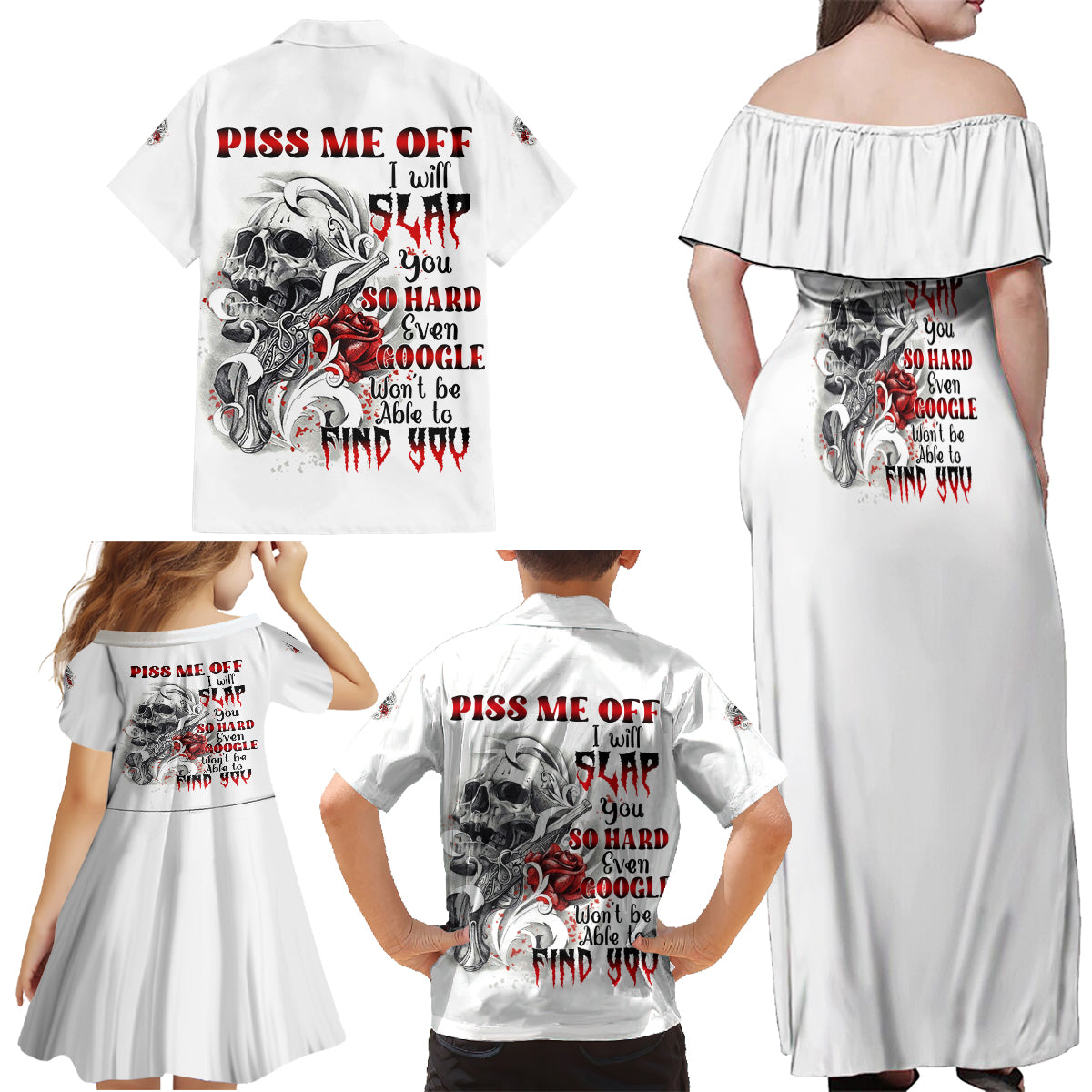 P Me Off Tattooed Skull Rose Family Matching Off Shoulder Maxi Dress and Hawaiian Shirt - Wonder Print Shop