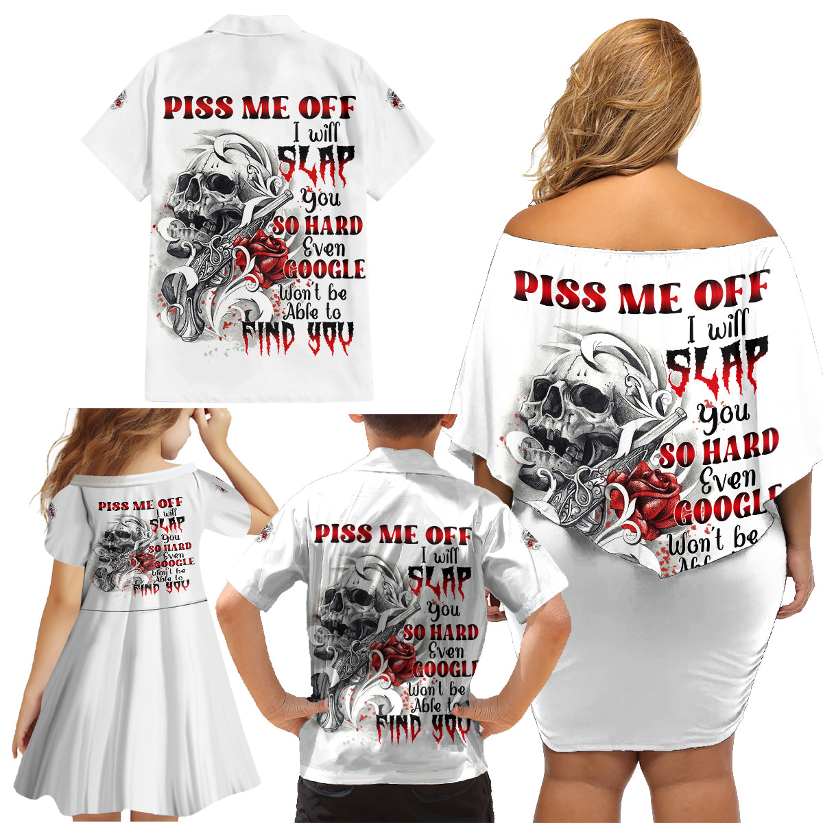 P Me Off Tattooed Skull Rose Family Matching Off Shoulder Short Dress and Hawaiian Shirt - Wonder Print Shop