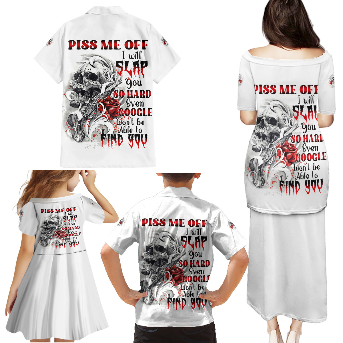 P Me Off Tattooed Skull Rose Family Matching Puletasi Dress and Hawaiian Shirt - Wonder Print Shop