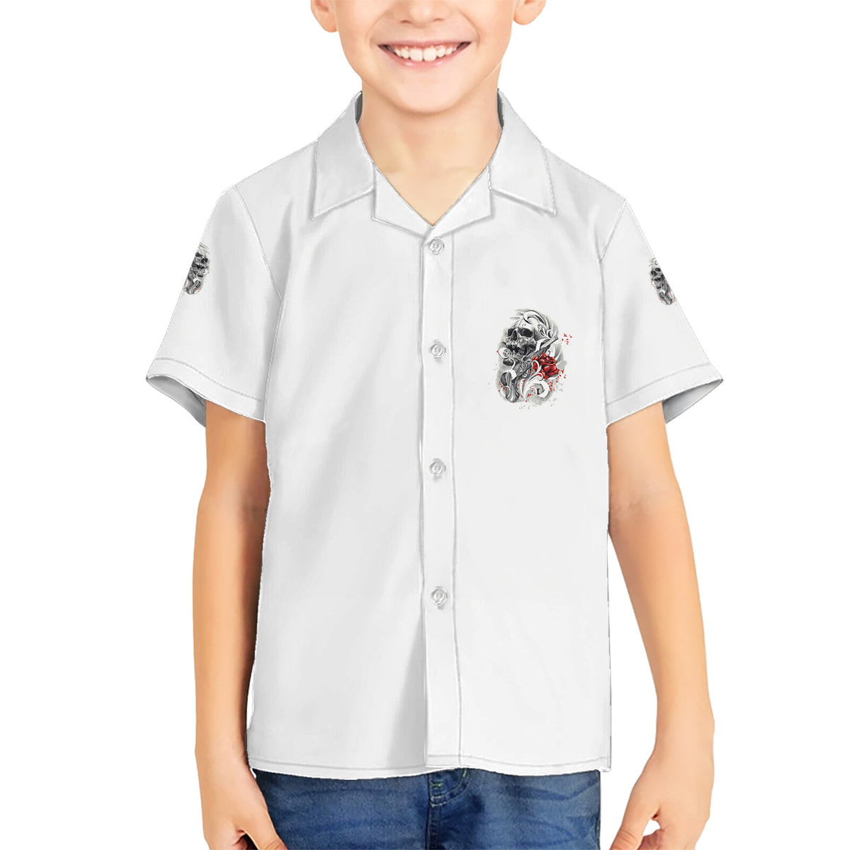 P Me Off Tattooed Skull Rose Family Matching Short Sleeve Bodycon Dress and Hawaiian Shirt - Wonder Print Shop