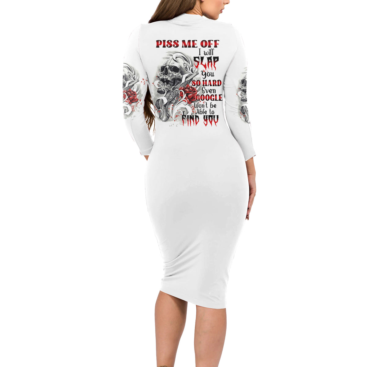 P Me Off Tattooed Skull Rose Long Sleeve Bodycon Dress - Wonder Print Shop