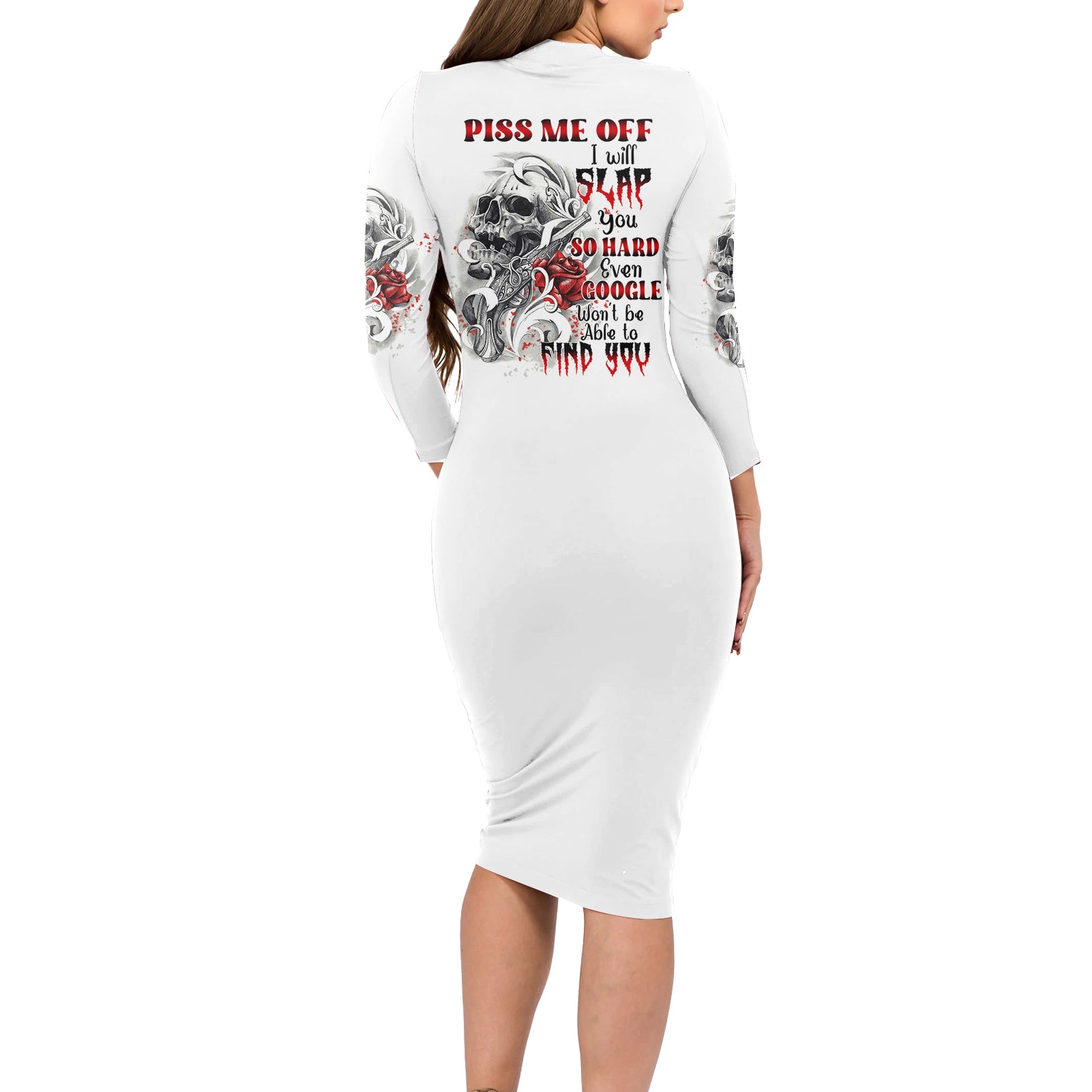 P Me Off Tattooed Skull Rose Long Sleeve Bodycon Dress - Wonder Print Shop
