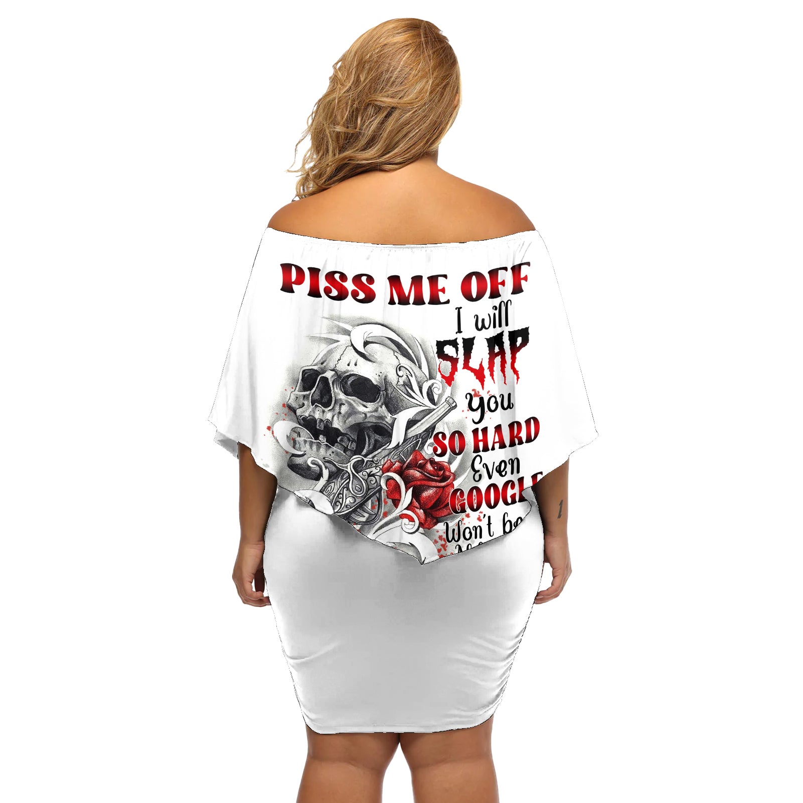 P Me Off Tattooed Skull Rose Off Shoulder Short Dress - Wonder Print Shop