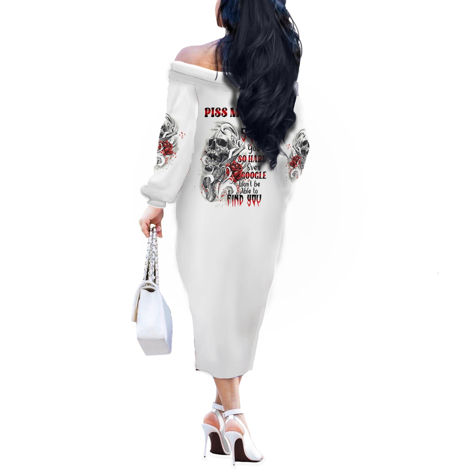 P Me Off Tattooed Skull Rose Off The Shoulder Long Sleeve Dress - Wonder Print Shop