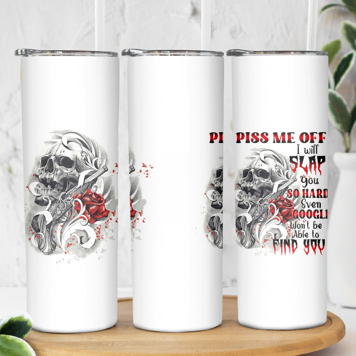 P Me Off Tattooed Skull Rose Skinny Tumbler - Wonder Print Shop