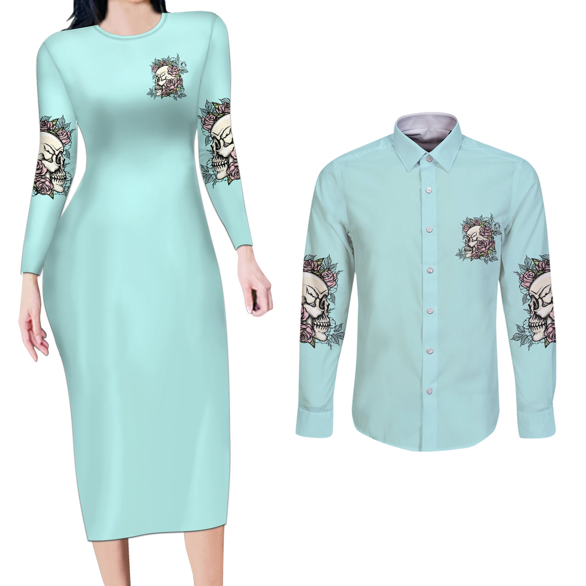 I May Not Be Perfect Skull Roses Couples Matching Long Sleeve Bodycon Dress and Long Sleeve Button Shirt - Wonder Print Shop