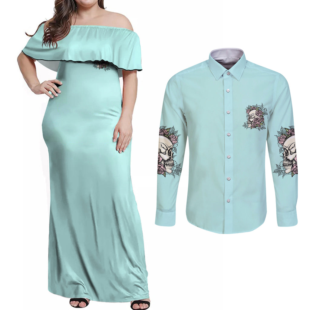 I May Not Be Perfect Skull Roses Couples Matching Off Shoulder Maxi Dress and Long Sleeve Button Shirt - Wonder Print Shop