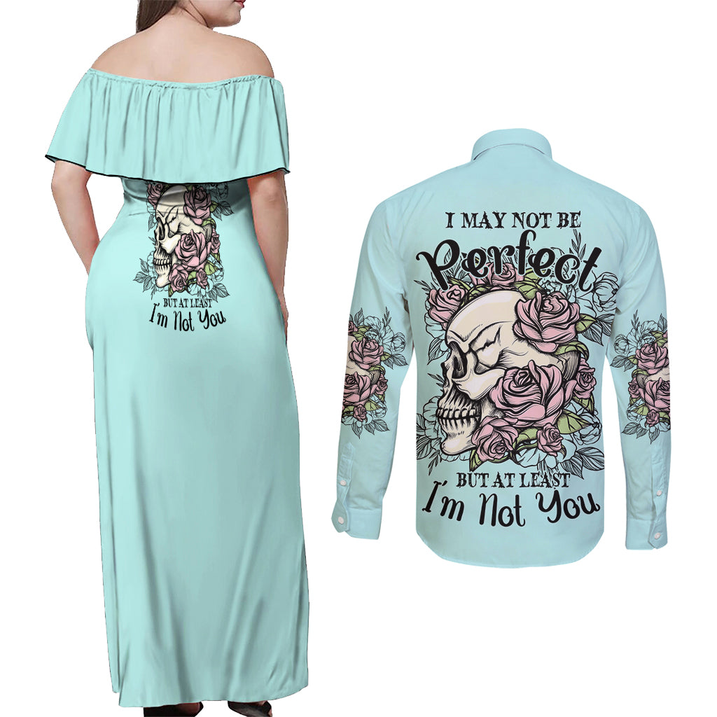 I May Not Be Perfect Skull Roses Couples Matching Off Shoulder Maxi Dress and Long Sleeve Button Shirt - Wonder Print Shop