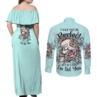 I May Not Be Perfect Skull Roses Couples Matching Off Shoulder Maxi Dress and Long Sleeve Button Shirt - Wonder Print Shop