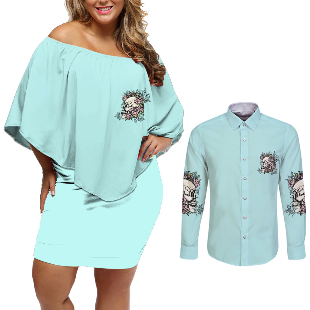I May Not Be Perfect Skull Roses Couples Matching Off Shoulder Short Dress and Long Sleeve Button Shirt - Wonder Print Shop