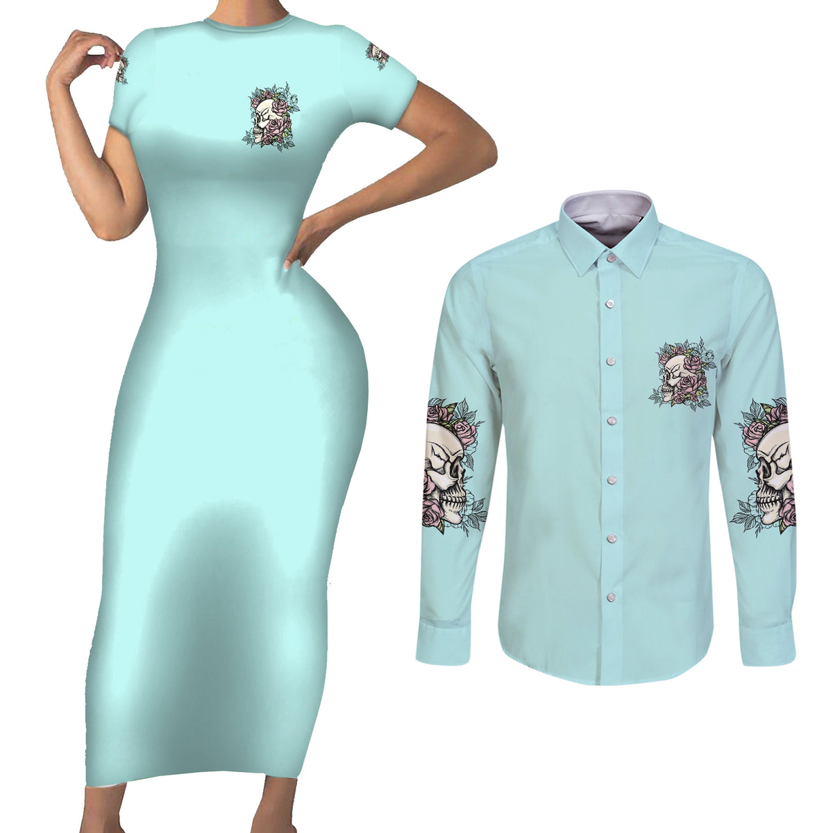 I May Not Be Perfect Skull Roses Couples Matching Short Sleeve Bodycon Dress and Long Sleeve Button Shirt - Wonder Print Shop