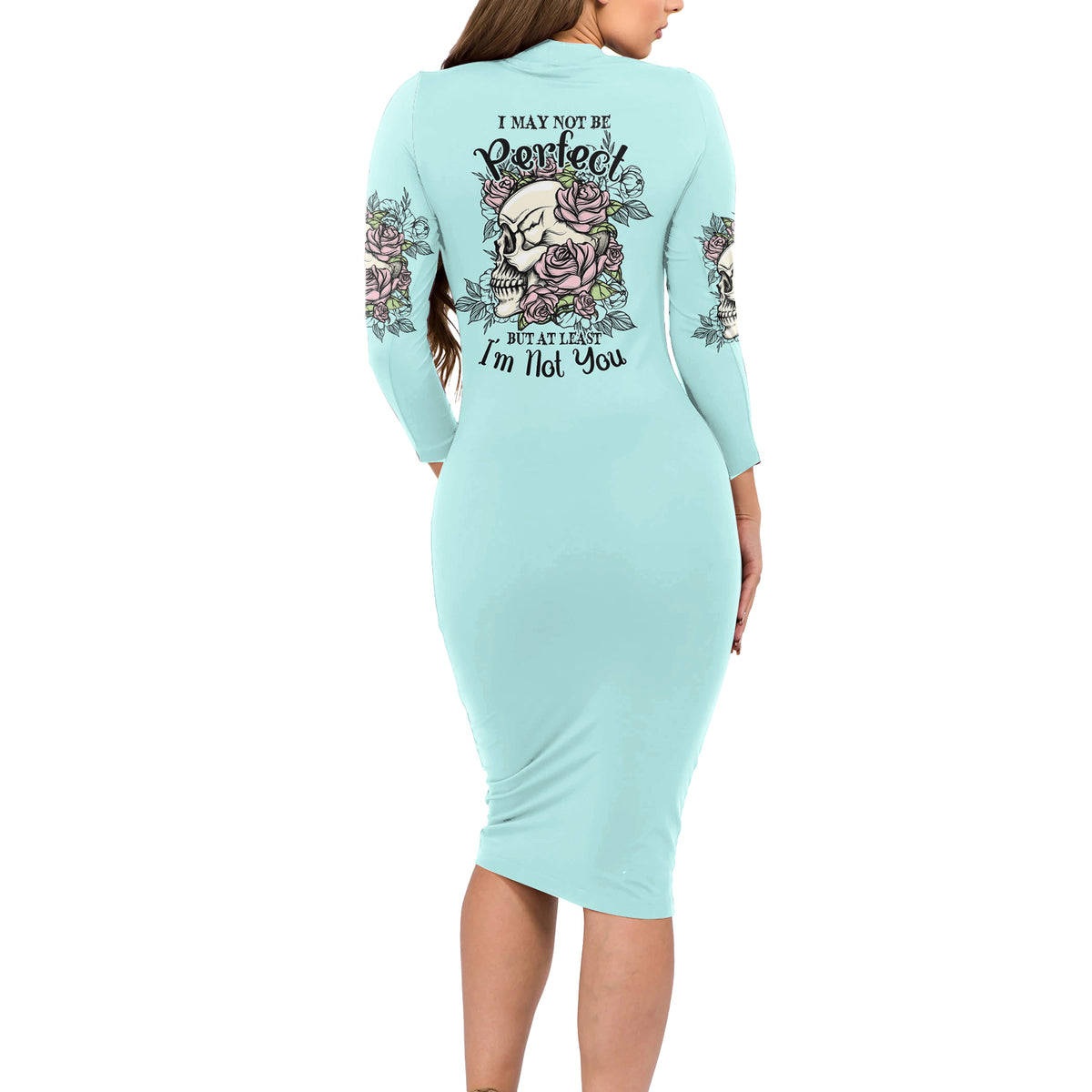 I May Not Be Perfect Skull Roses Long Sleeve Bodycon Dress - Wonder Print Shop