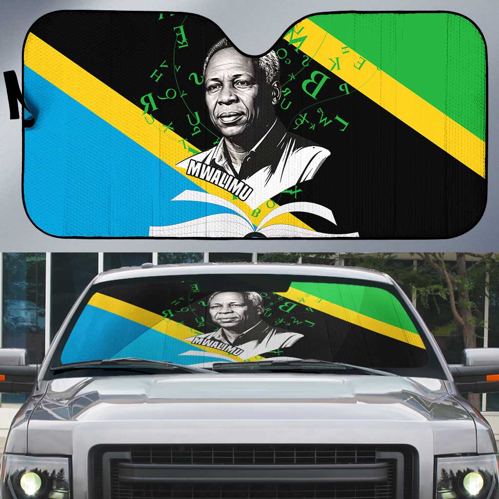 Julius Nyerere Auto Sun Shade Education is a Way of Fighting Poverty Quote and Tanzanian Flag Alphabet - Wonder Print Shop