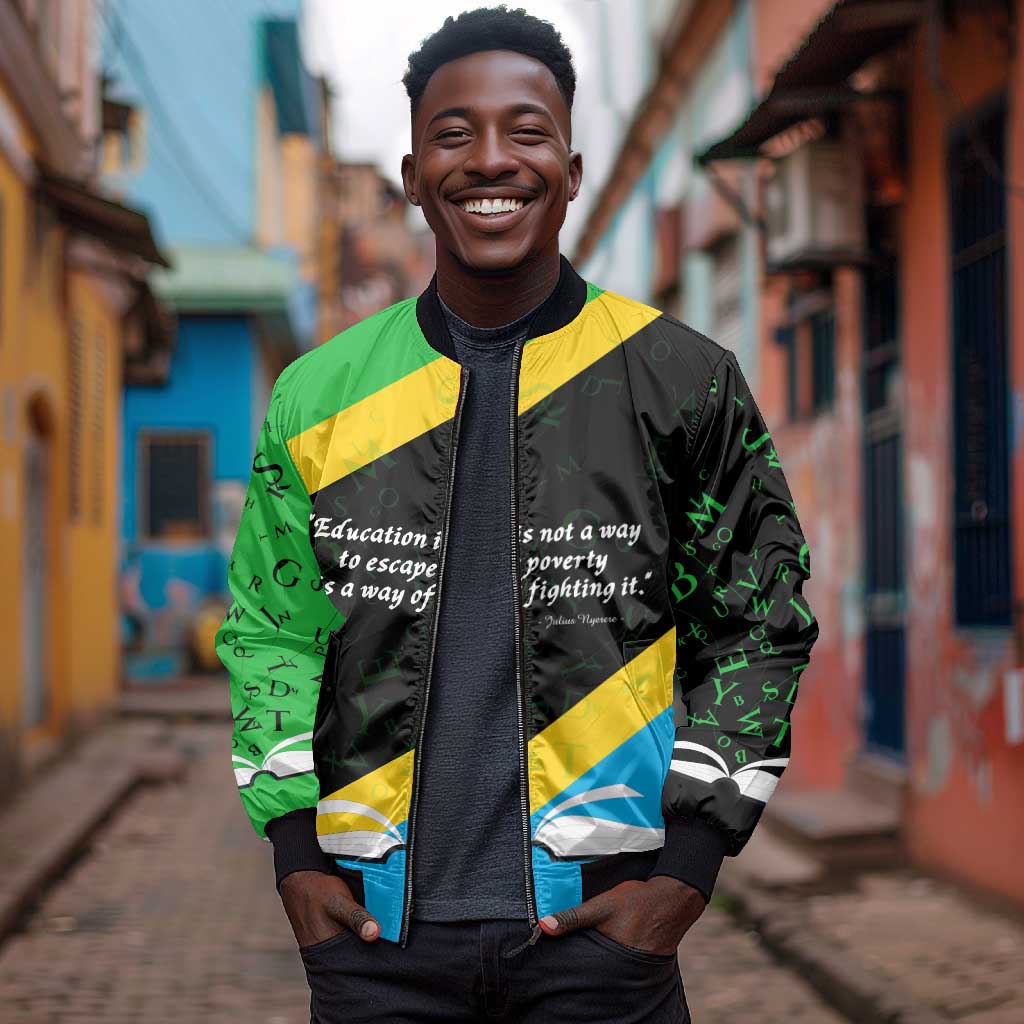 Julius Nyerere Bomber Jacket Education is a Way of Fighting Poverty Quote and Tanzanian Flag Alphabet - Wonder Print Shop