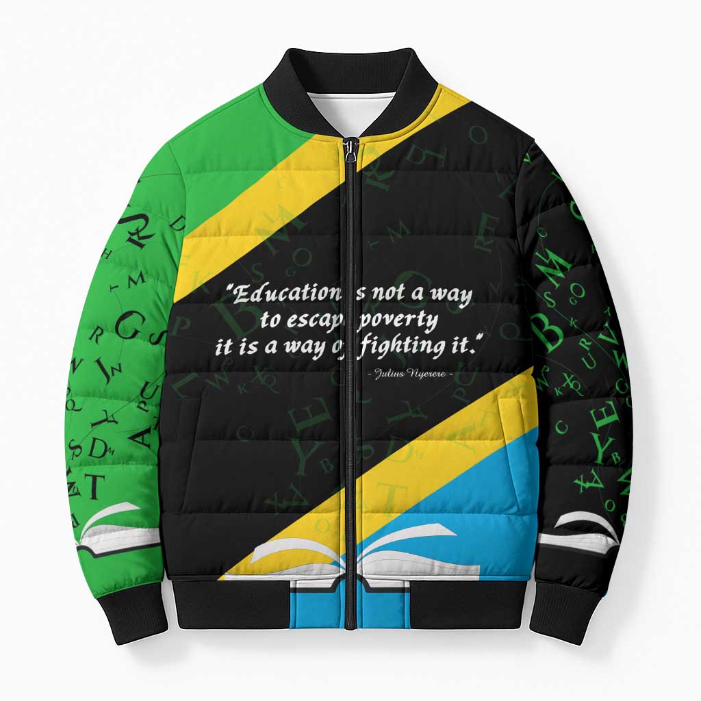 Julius Nyerere Bomber Puffer Jacket Education is a Way of Fighting Poverty Quote and Tanzanian Flag Alphabet - Wonder Print Shop