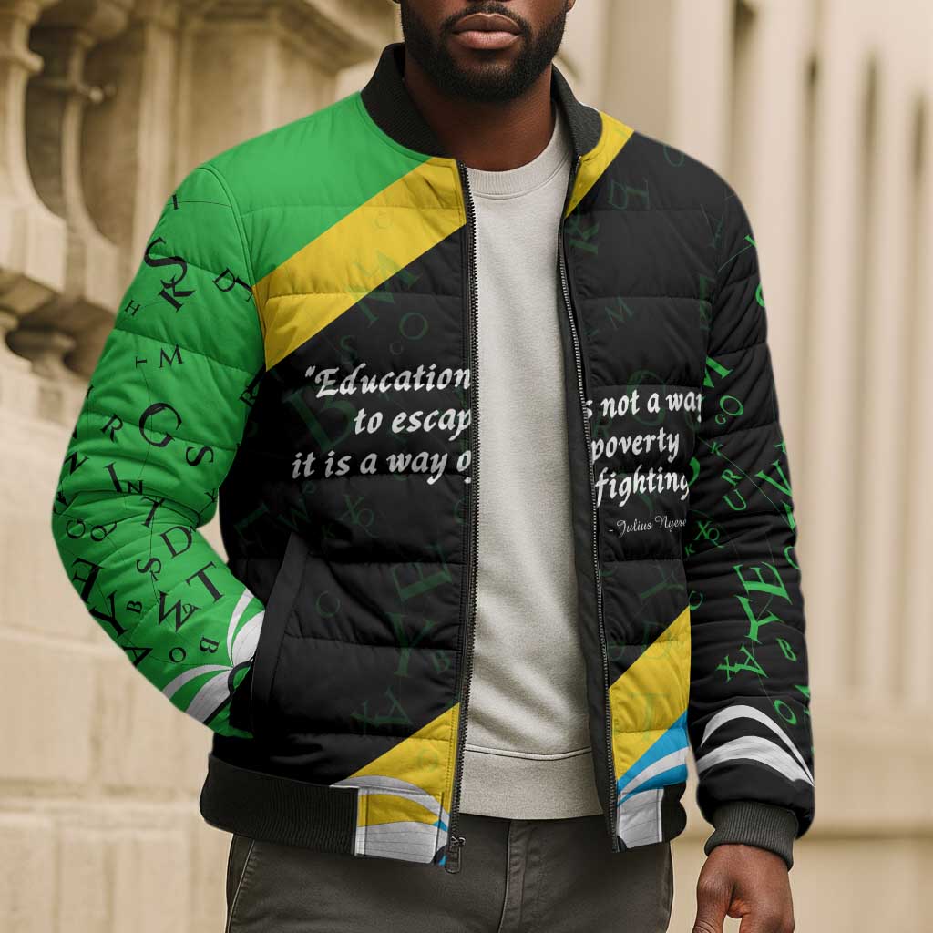Julius Nyerere Bomber Puffer Jacket Education is a Way of Fighting Poverty Quote and Tanzanian Flag Alphabet - Wonder Print Shop