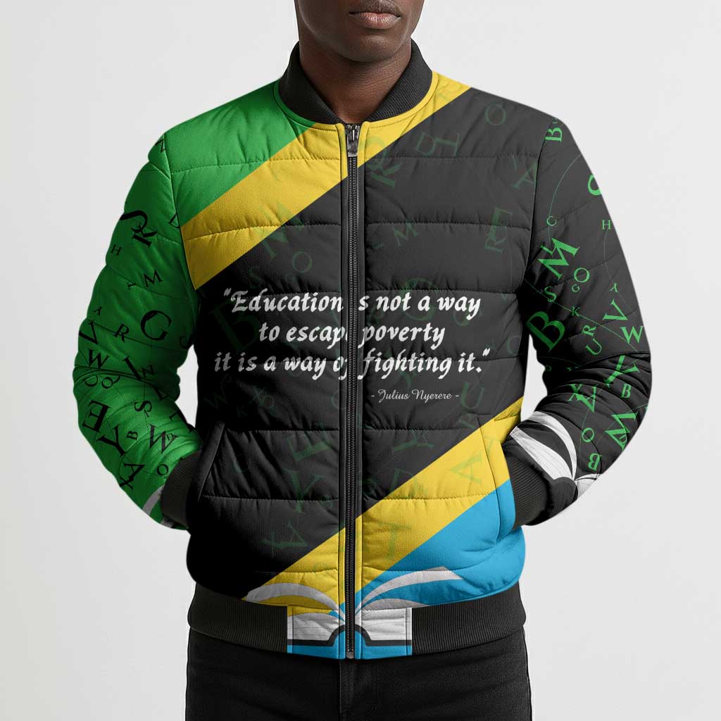 Julius Nyerere Bomber Puffer Jacket Education is a Way of Fighting Poverty Quote and Tanzanian Flag Alphabet - Wonder Print Shop