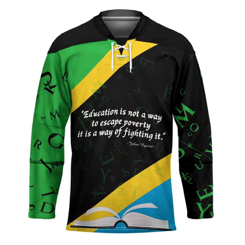 Julius Nyerere Hockey Jersey Education is a Way of Fighting Poverty Quote and Tanzanian Flag Alphabet - Wonder Print Shop