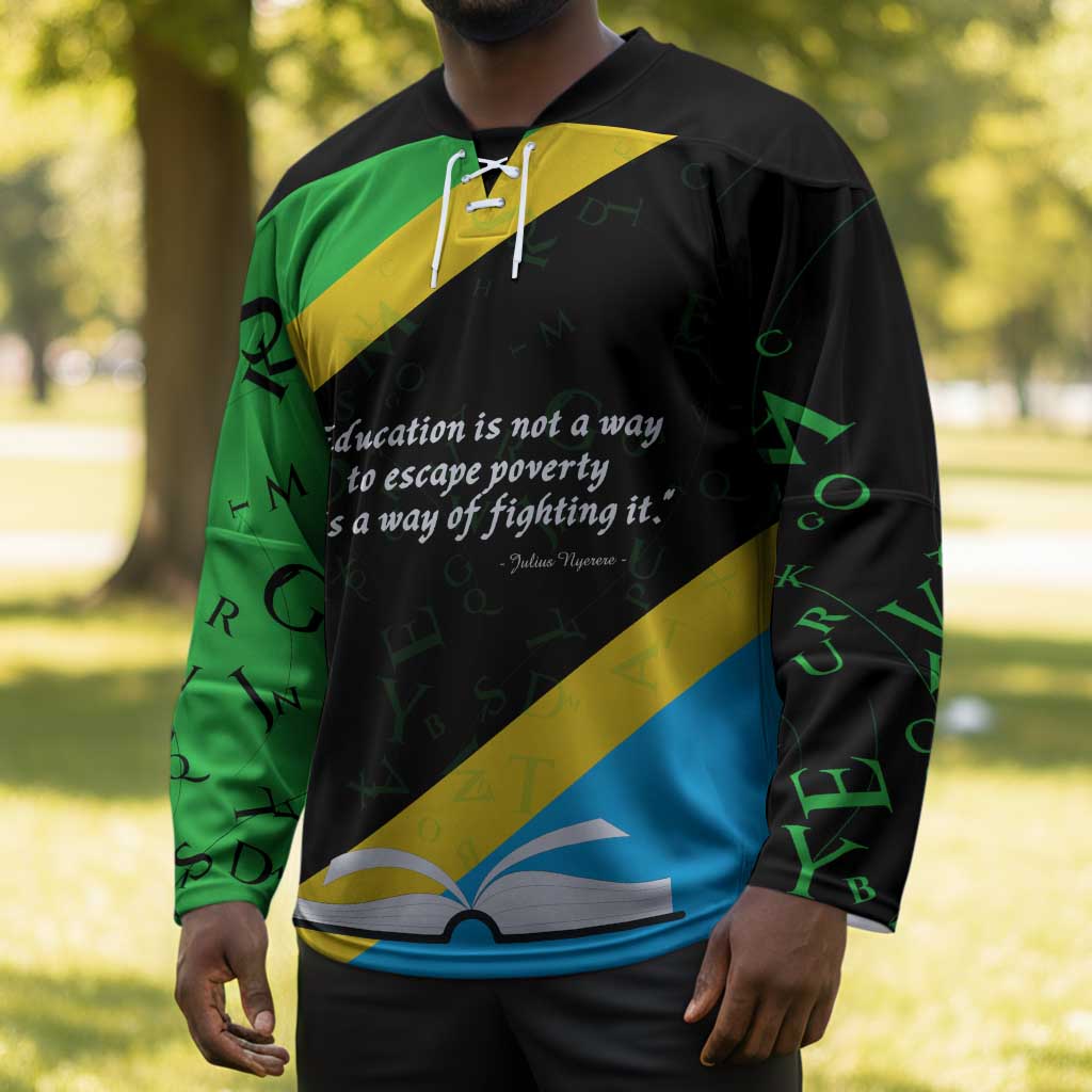 Julius Nyerere Hockey Jersey Education is a Way of Fighting Poverty Quote and Tanzanian Flag Alphabet - Wonder Print Shop