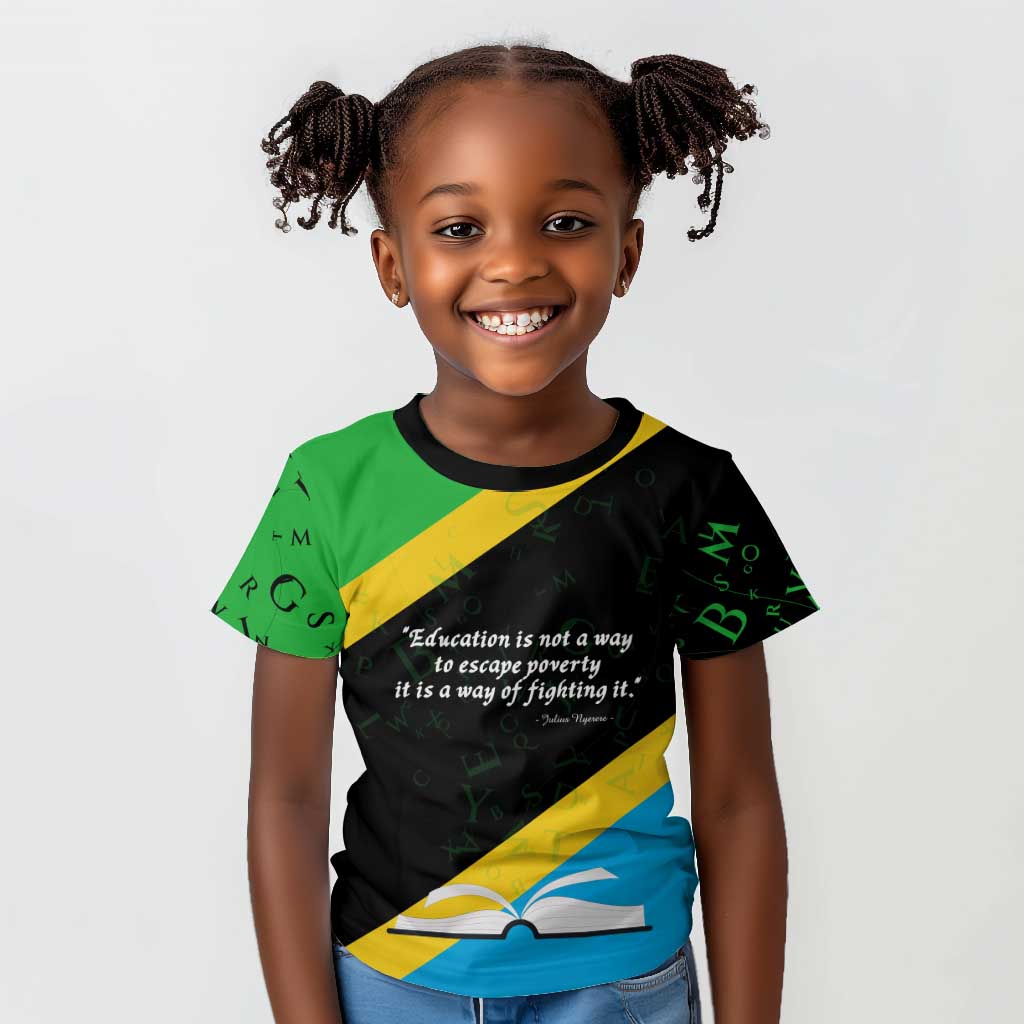 Julius Nyerere Kid T shirt Education is a Way of Fighting Poverty Quote and Tanzanian Flag Alphabet - Wonder Print Shop