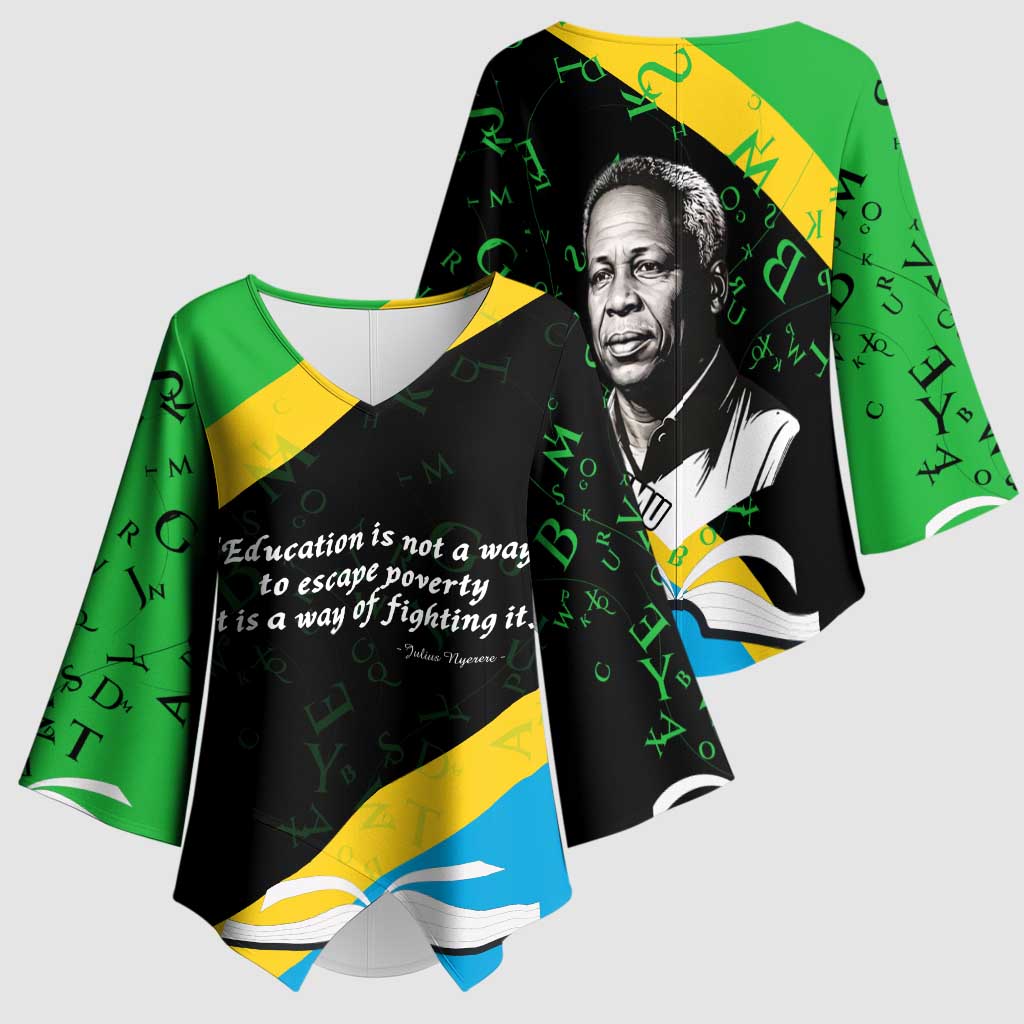 Julius Nyerere Kimono Sleeve Blouse Education is a Way of Fighting Poverty Quote and Tanzanian Flag Alphabet - Wonder Print Shop